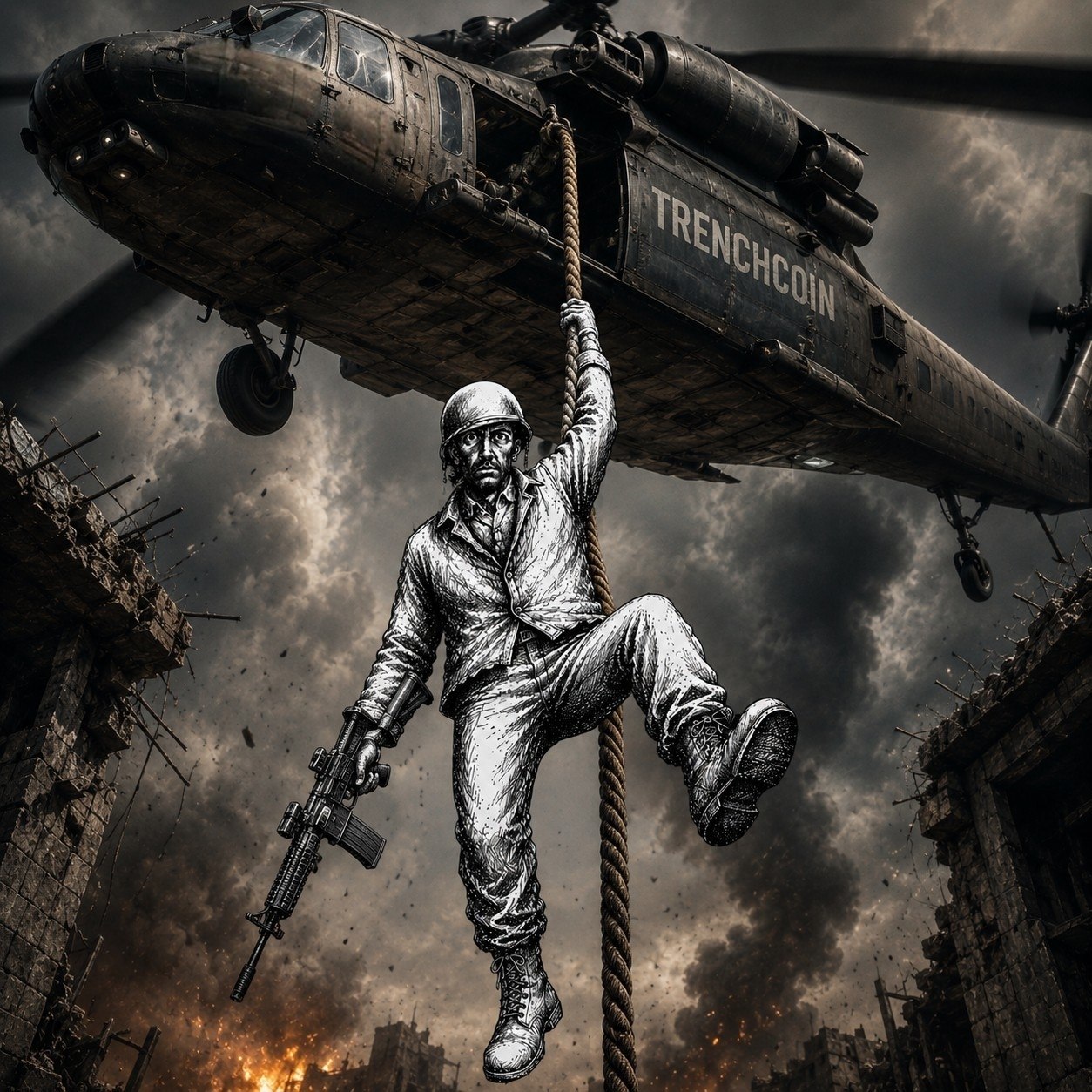 Trenchcoin soldier descending by rope from a helicopter